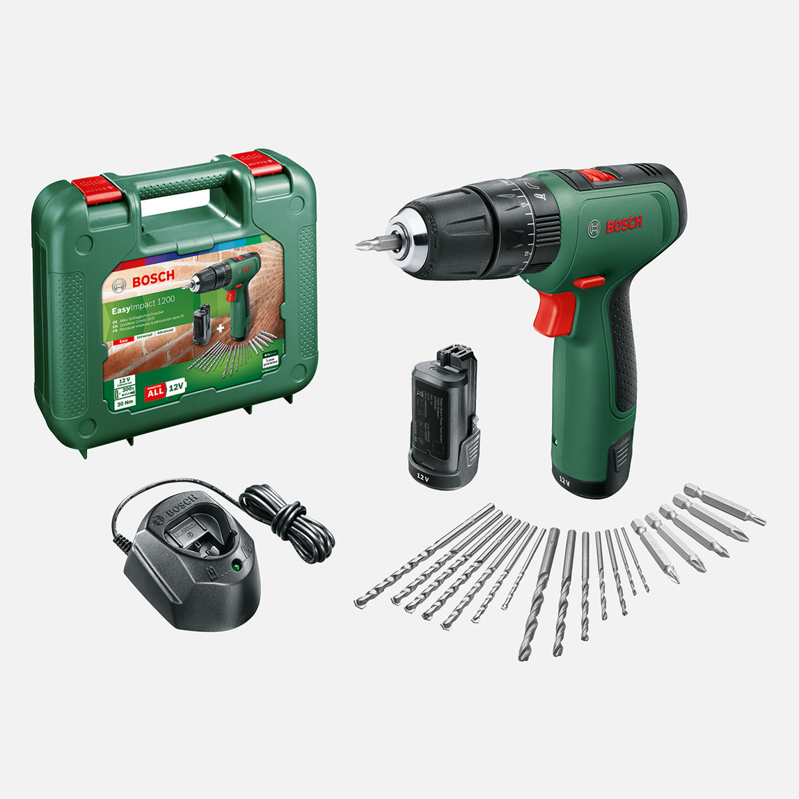    Bosch EasyImpact 1200 (1.5 Ah, Çift Akü, GAL1210CV) 12'li Aksesuar Seti  