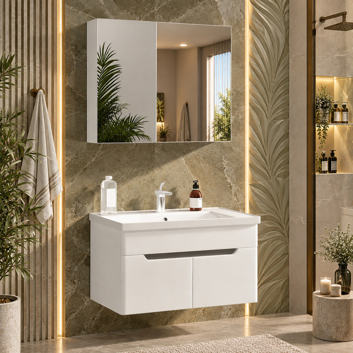    Gold Banyo Victoria Aynalı 80 cm Takım Banyo Dolabı Beyaz 