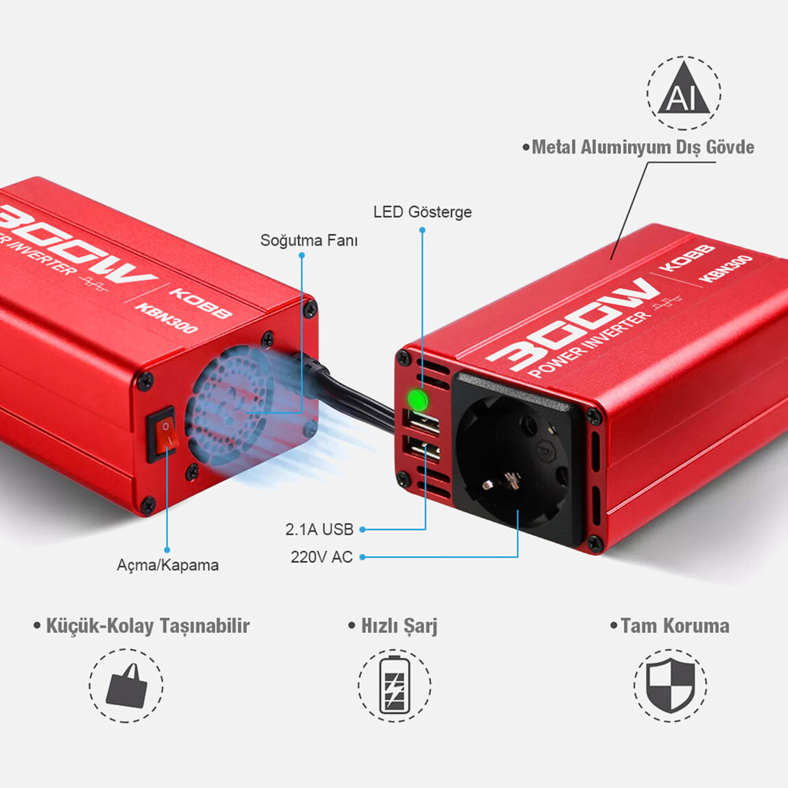    Kobb Kbn300 12V/220V 300Watt Modifiye Sinüs Dönüştürücü İnvertör 