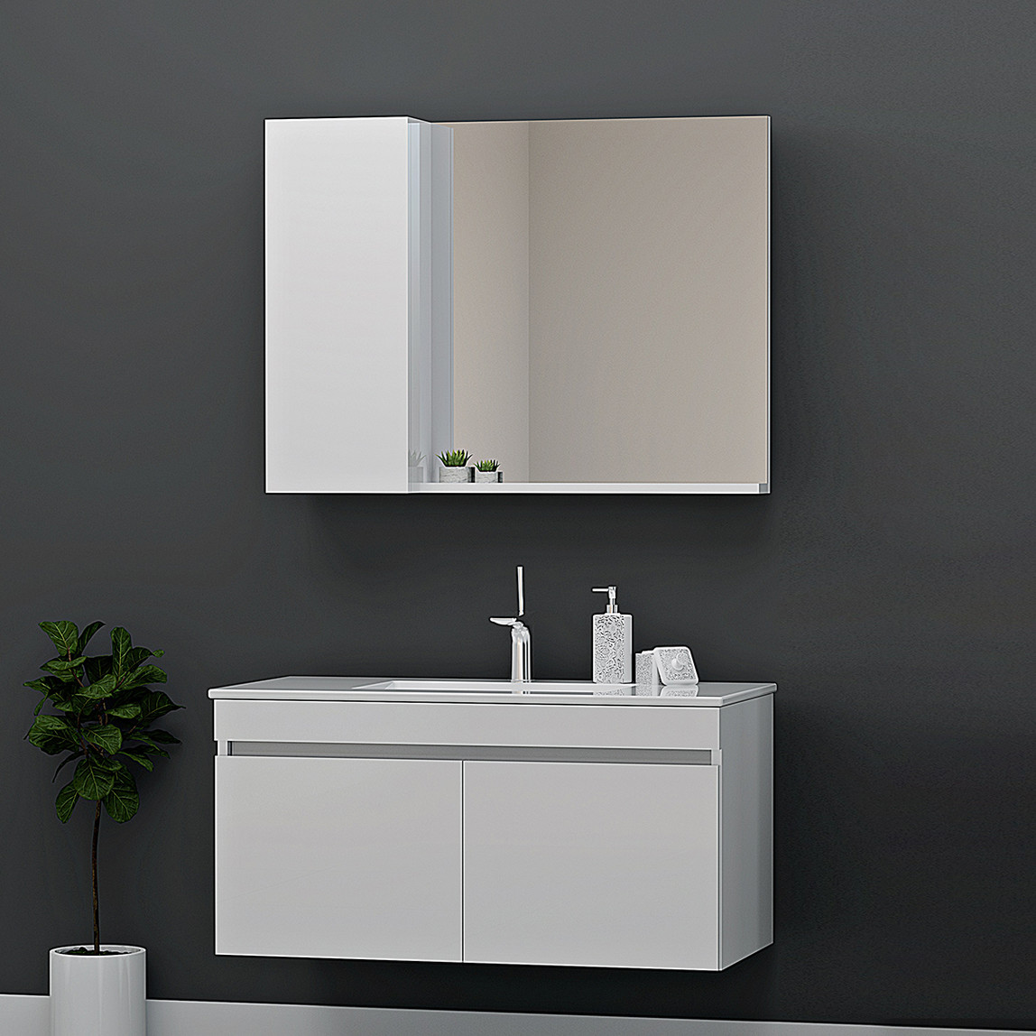    Demonte Aynalı 100 cm Takım Banyo Dolabı Beyaz 