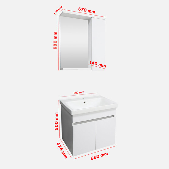 Koza Aynalı 60 cm Takım Banyo Dolabı Beyaz