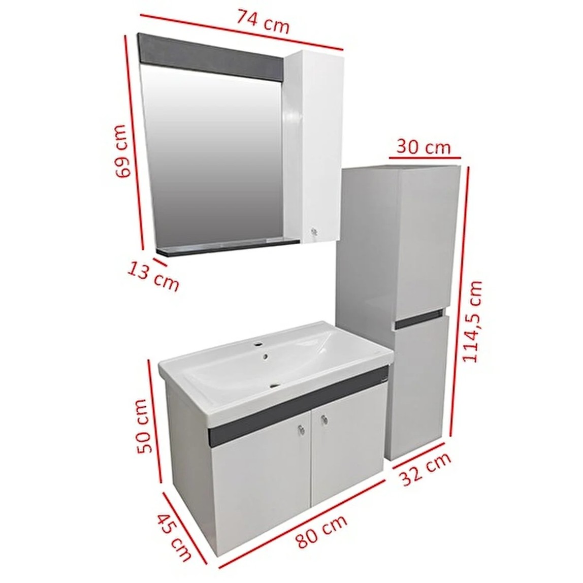    New Bahar Aynalı 80 cm Takım Banyo Dolabı Beyaz 