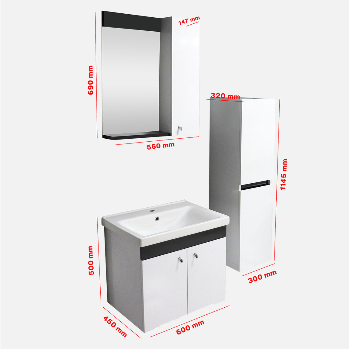    New Bahar Aynalı 60 cm Takım Banyo Dolabı Beyaz 