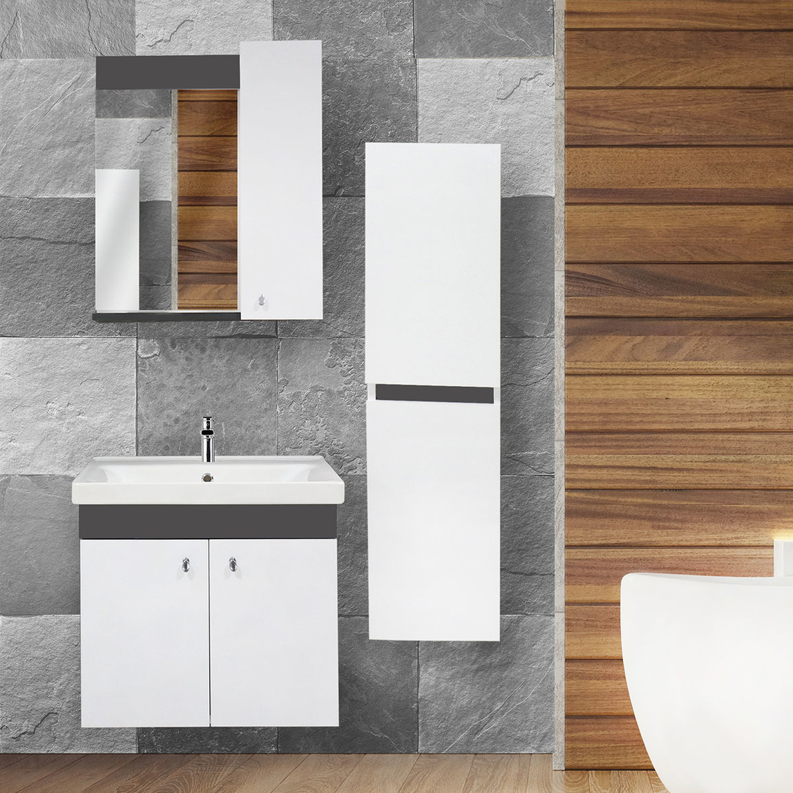    New Bahar Aynalı 60 cm Takım Banyo Dolabı Beyaz 