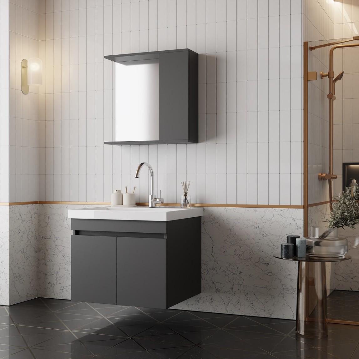    Arya Aynalı 60 cm Takım Banyo Dolabı Antrasit 