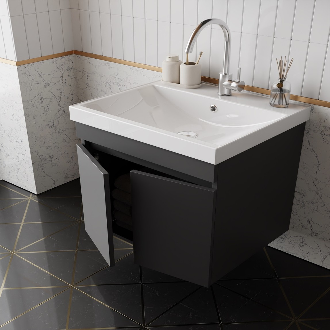    Arya Aynalı 60 cm Takım Banyo Dolabı Antrasit 