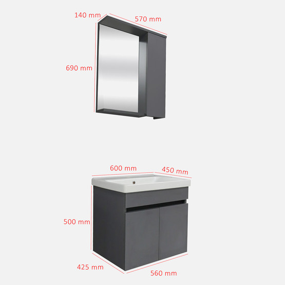 Arya Aynalı 60 cm Takım Banyo Dolabı Antrasit