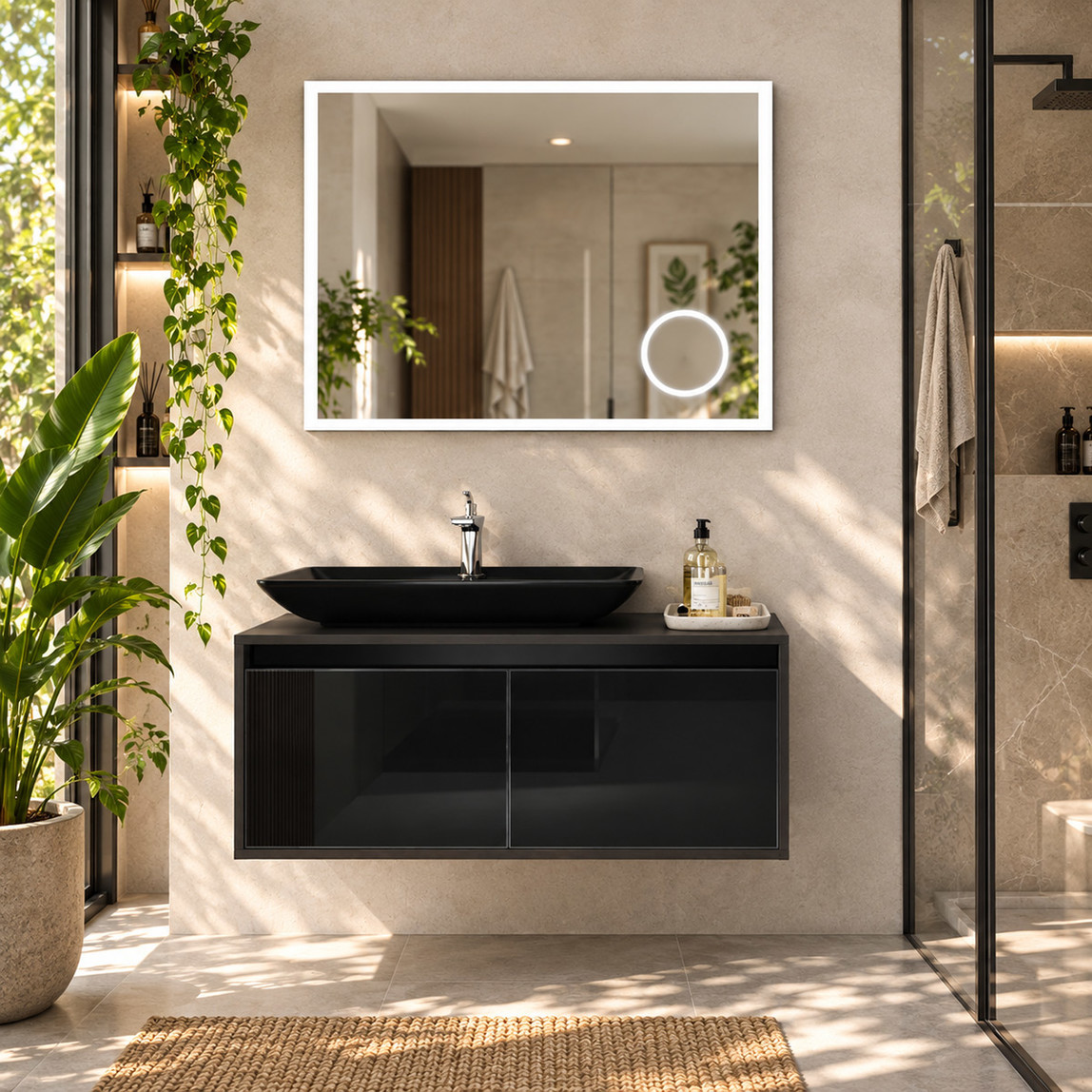    Gold Banyo İdeal Aynalı 100 cm Takım Banyo Dolabı Siyah 