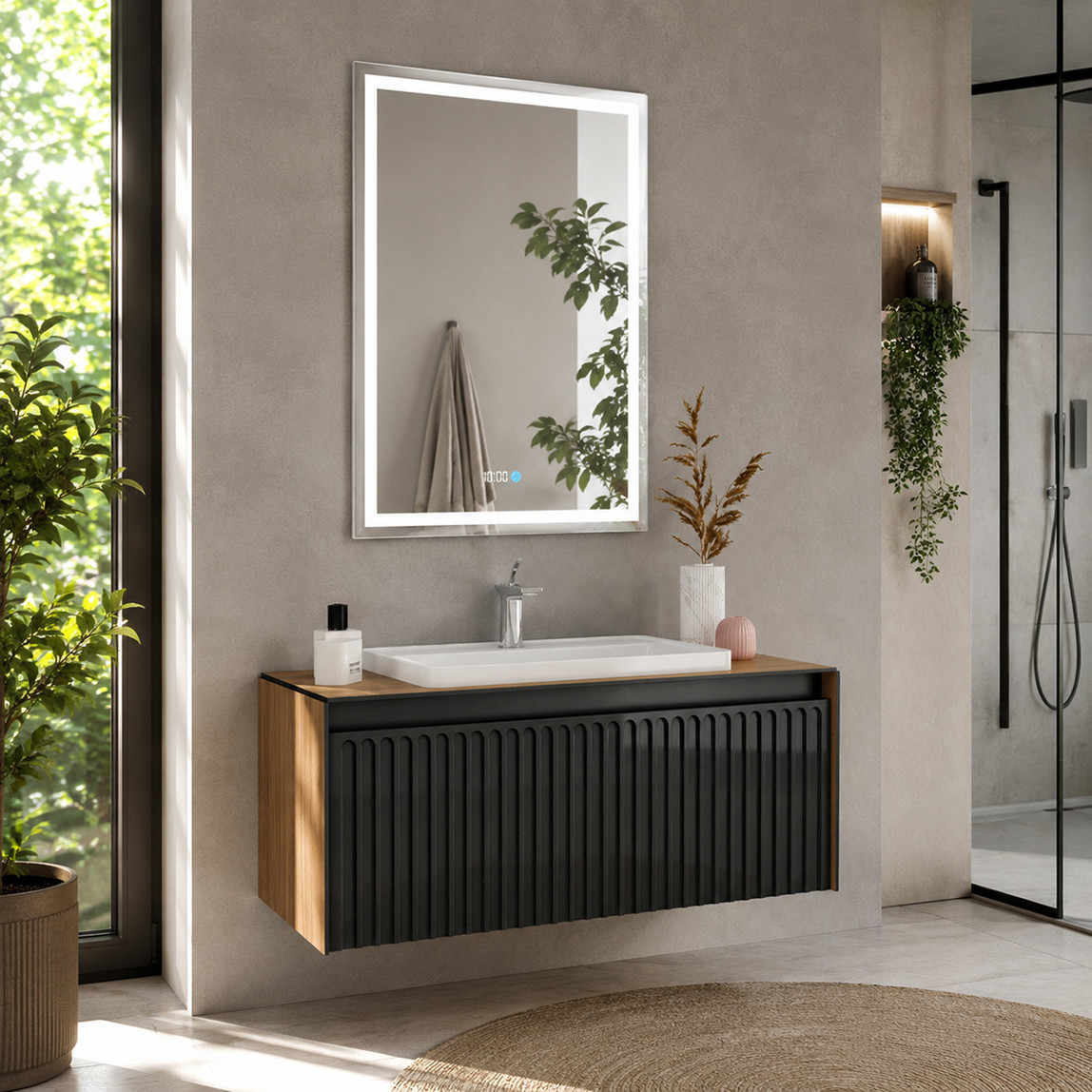    Gold Banyo Tiffany Aynalı 100 cm Takım Banyo Dolabı Siyah 