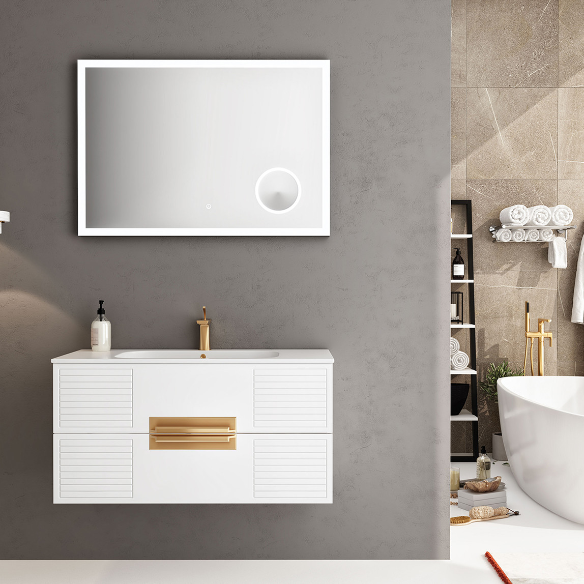    Gold Banyo Oskar Aynalı 98 cm Takım Banyo Dolabı Beyaz 
