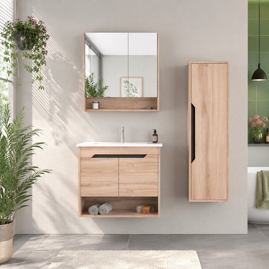 Bonitobagno Alberi Legnano Aynalı 80 cm Banyo Dolabı Üst Modül Açık Ceviz