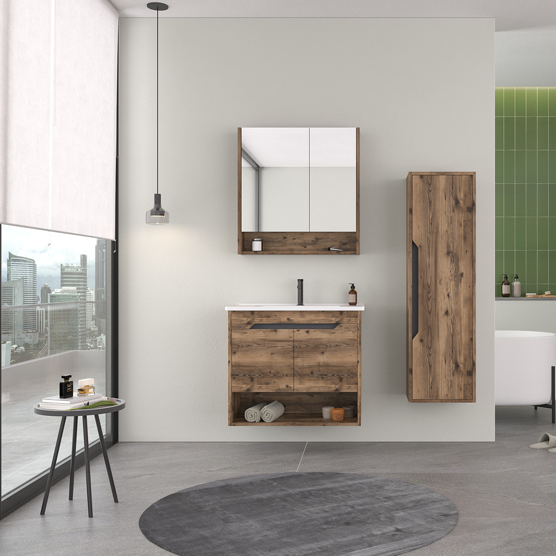    Bonitobagno Alberi Navaro Aynalı 80 cm Banyo Dolabı Üst Modül Ceviz 