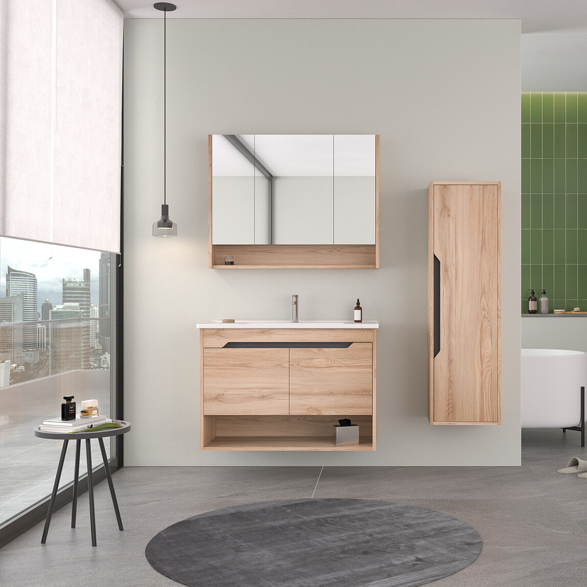    Bonitobagno Alberi Legnano Aynalı 100 cm Banyo Dolabı Üst Modül Açık Ceviz 