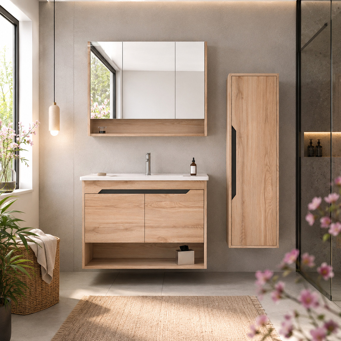    Bonitobagno Alberi Legnano Aynalı 100 cm Banyo Dolabı Üst Modül Açık Ceviz 