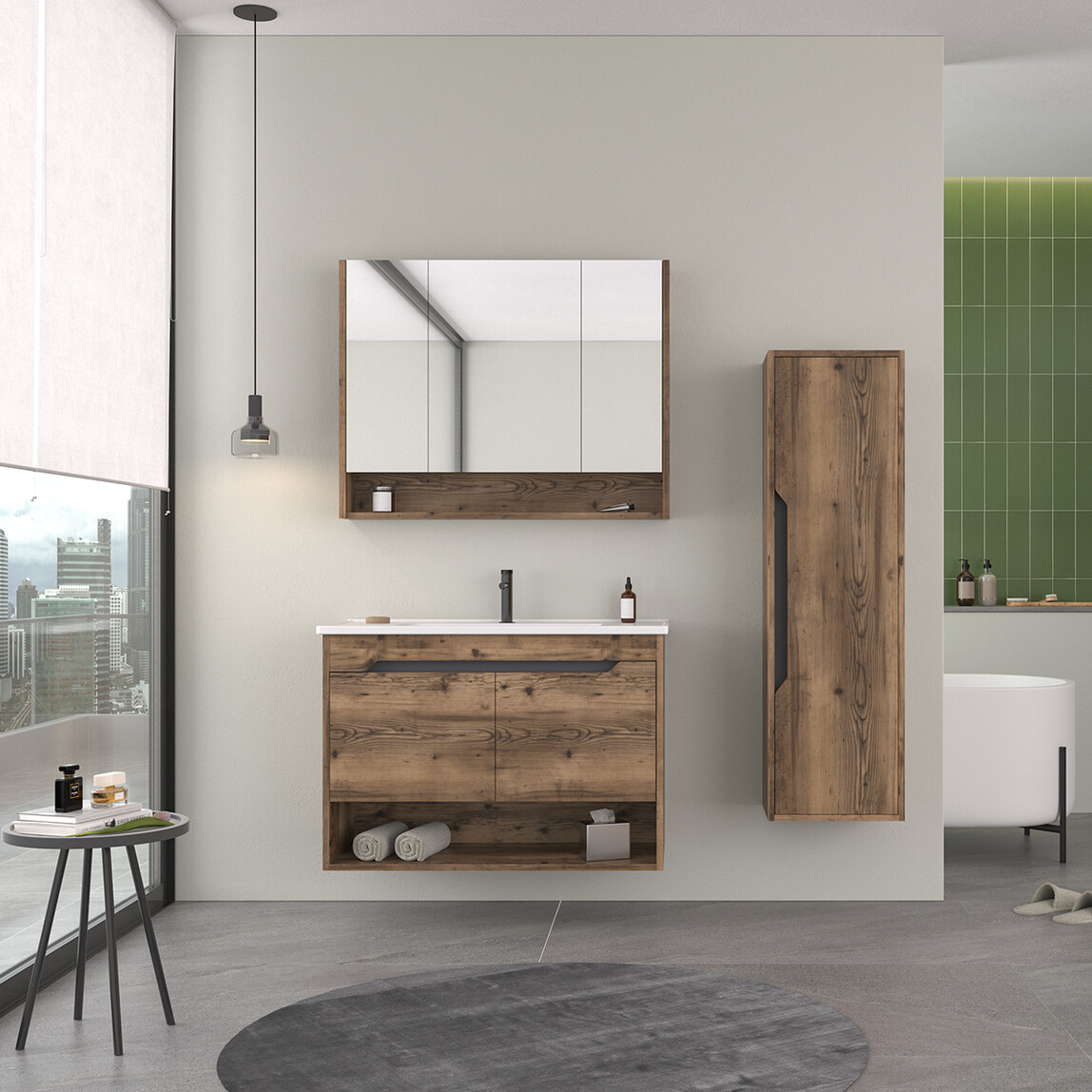    Bonitobagno Alberi Navaro Aynalı 100 cm Banyo Dolabı Üst Modül Ceviz 