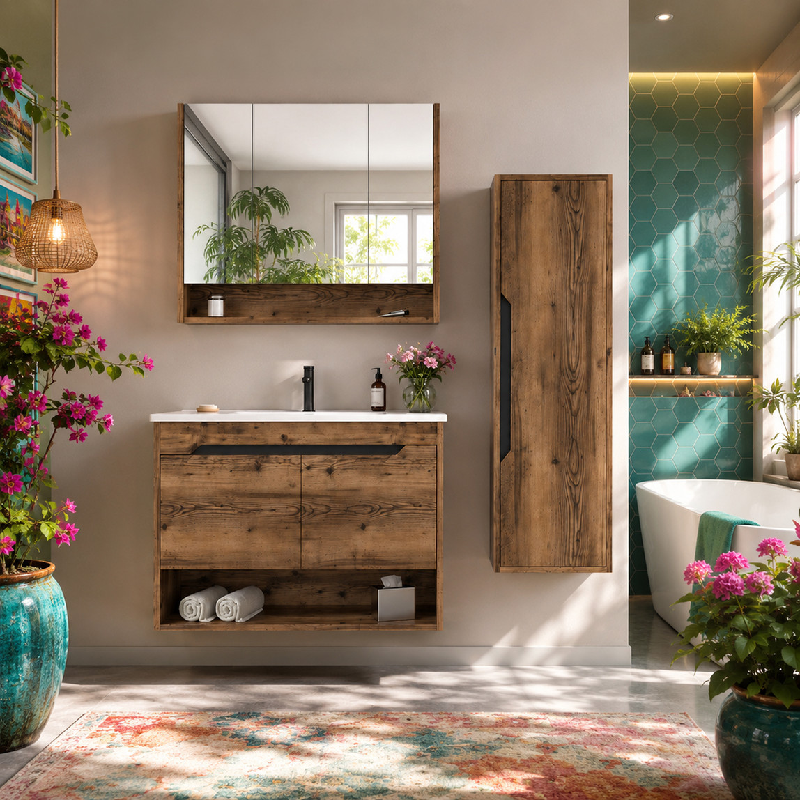    Bonitobagno Alberi Navaro Aynalı 100 cm Banyo Dolabı Üst Modül Ceviz 