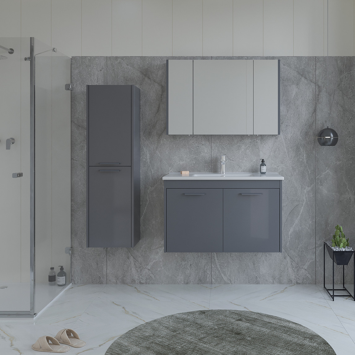    Bonitobagno Coste Aynalı 100 cm Banyo Dolabı Üst Modül Antrasit 