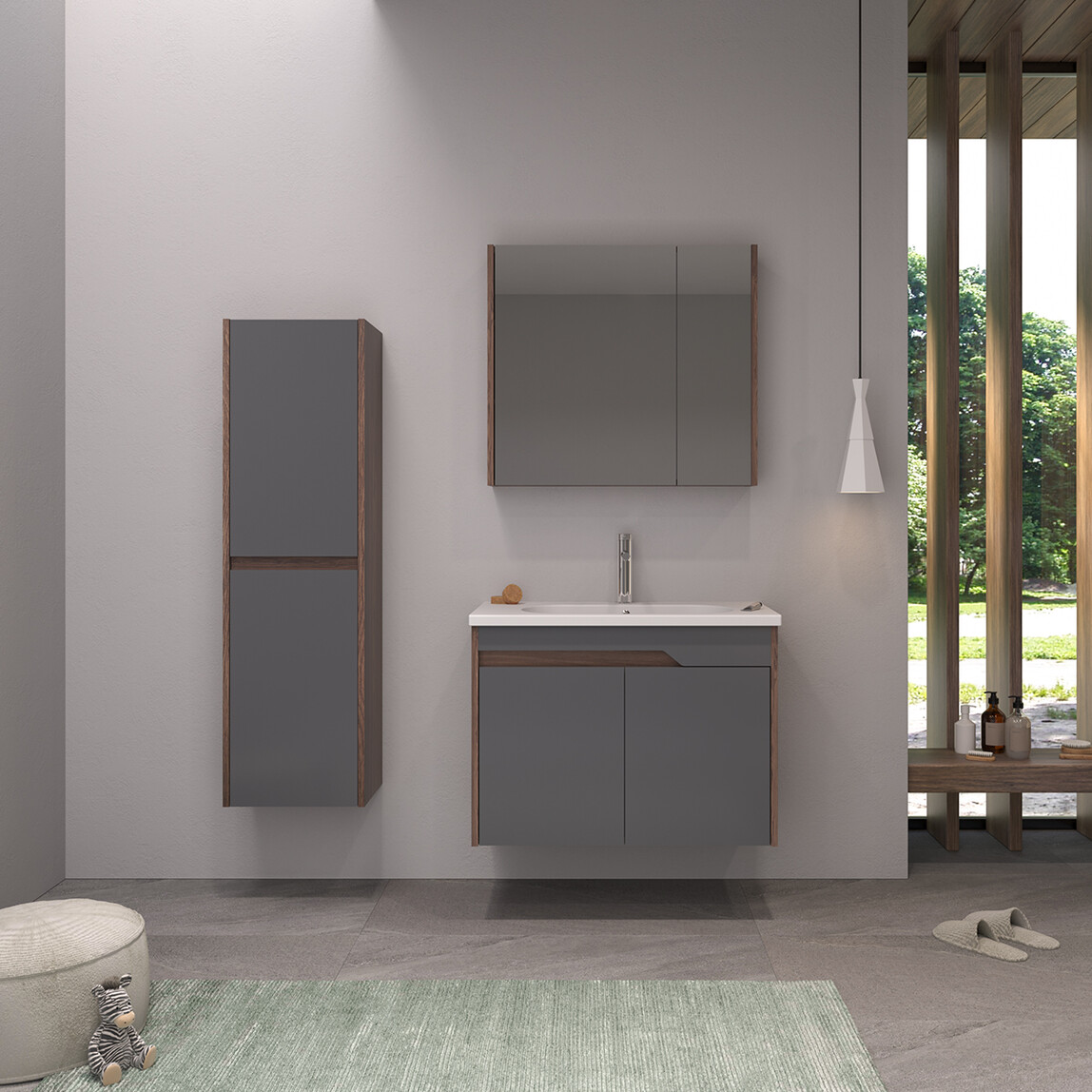    Bonitobagno Salvo Aynalı 80 cm Banyo Dolabı Üst Modül Antrasit 