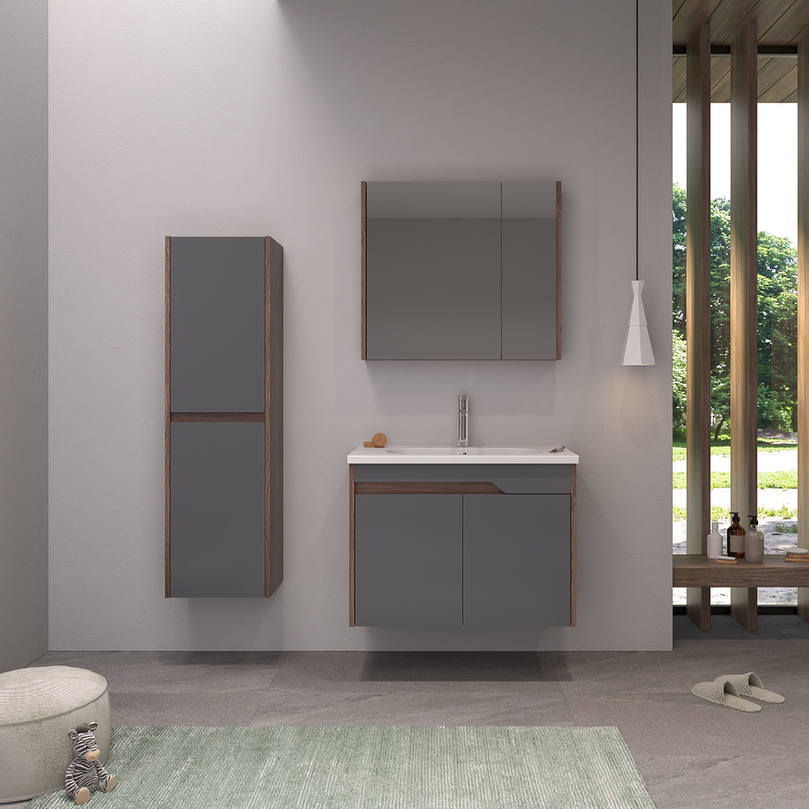    Bonitobagno Salvo Aynalı 80 cm Banyo Dolabı Üst Modül Antrasit 