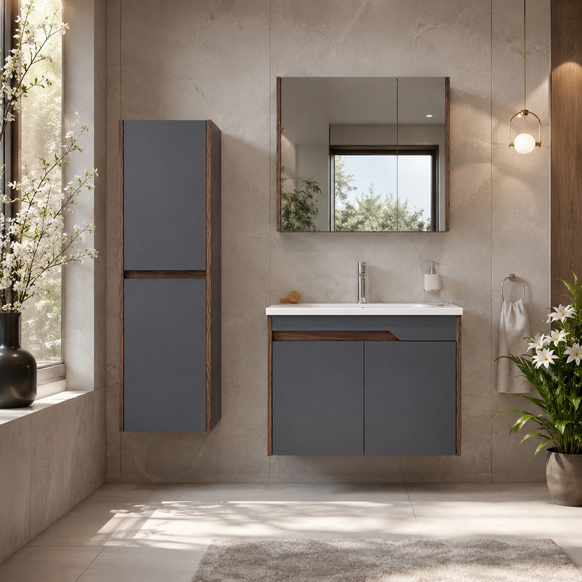    Bonitobagno Salvo Aynalı 80 cm Banyo Dolabı Üst Modül Antrasit 