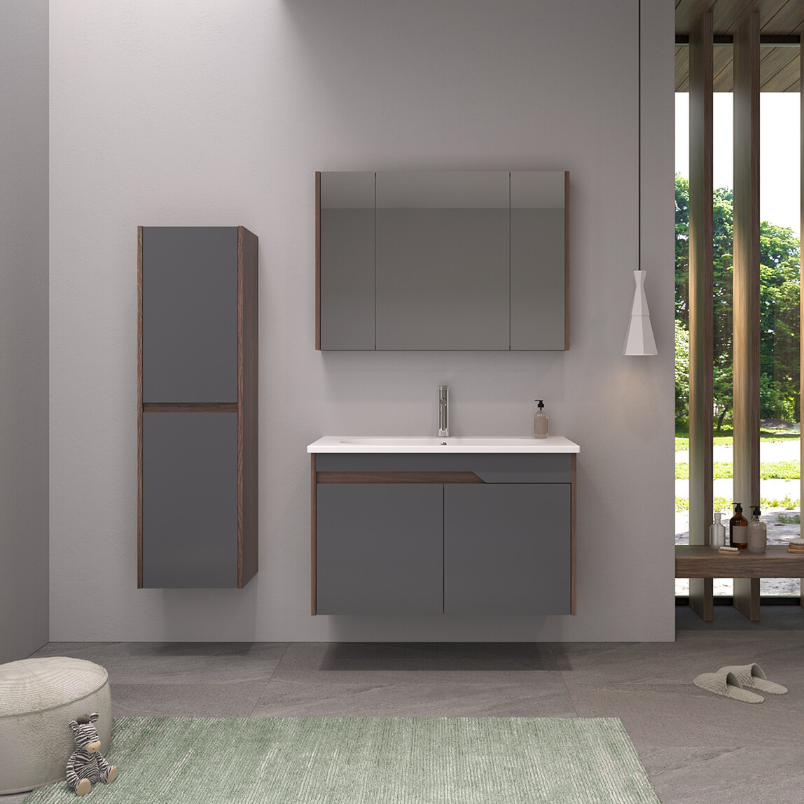    Bonitobagno Salvo Aynalı 100 cm Banyo Dolabı Üst Modül Antrasit 