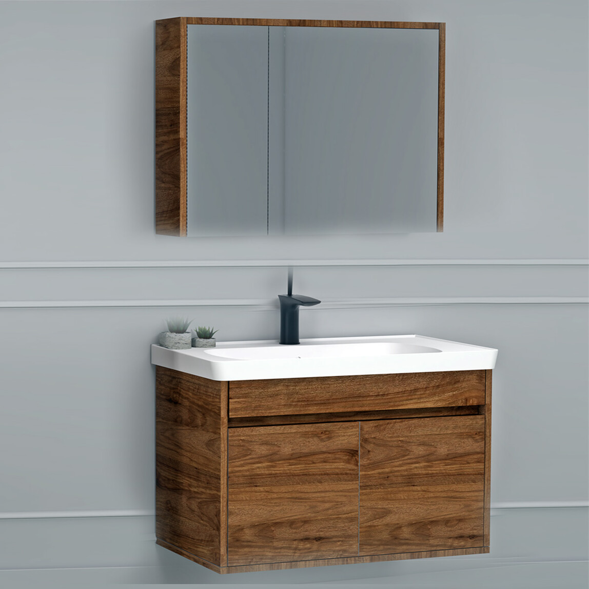    Polka Pedro Aynalı 80 cm Takım Banyo Dolabı Ceviz 