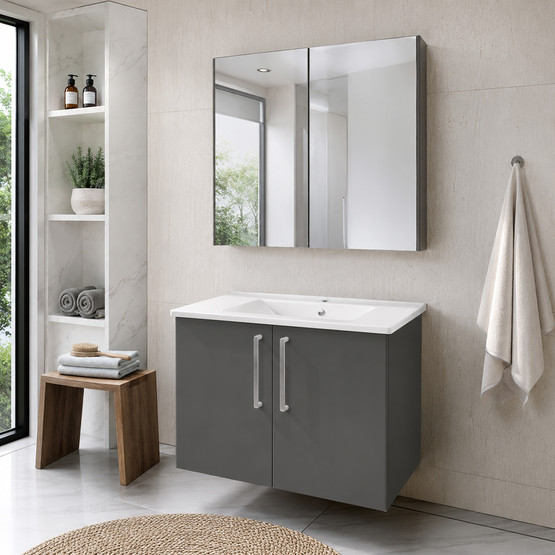 VitrA Antrasit Aynalı 80 cm Takım Banyo Dolabı