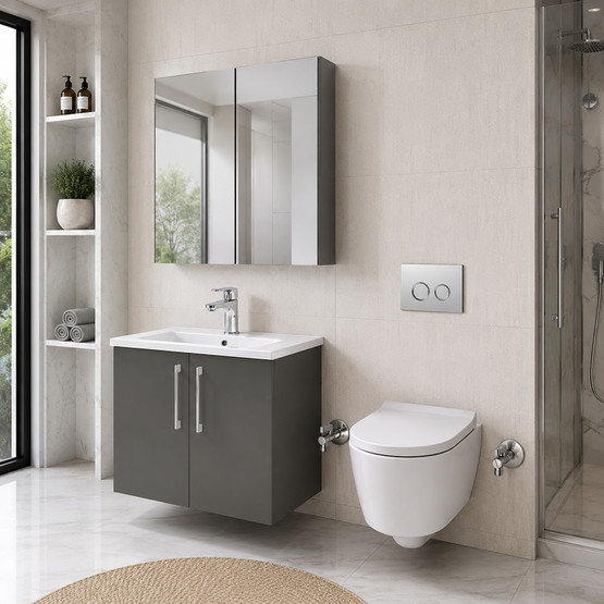 VitrA Antrasit Aynalı 80 cm Takım Banyo Dolabı