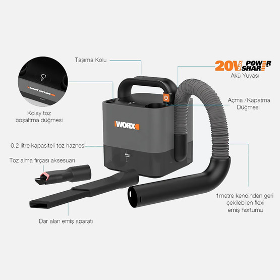 Worx WX030.9 20Volt 30W/10Kpa Li-ion Flexi Esnek Hortumlu Profesyonel Kompakt Şarjlı Süpürge (Akü Dahil Değildir) 