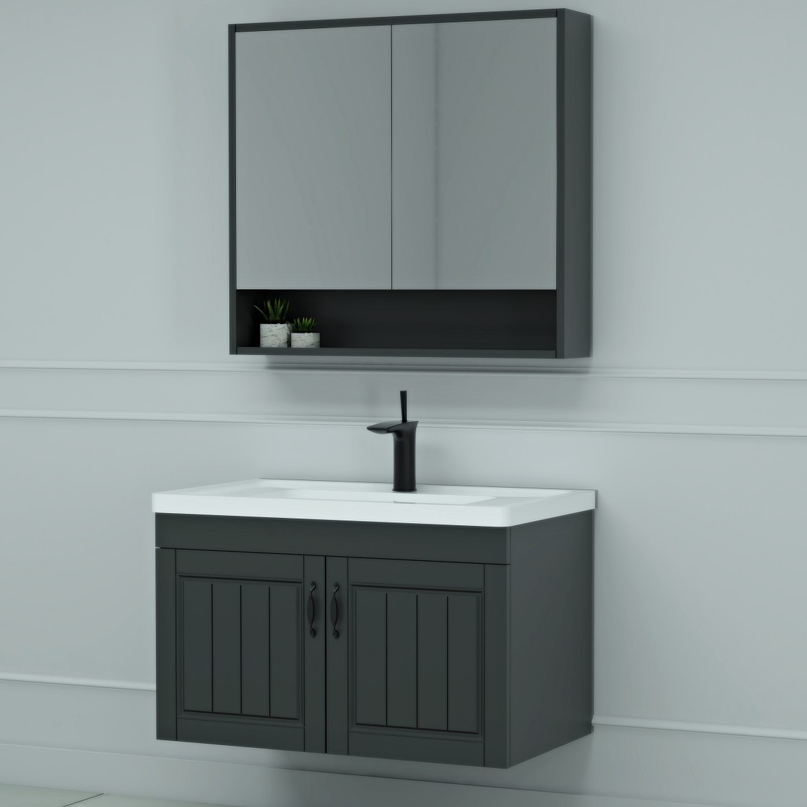    Malin Aynalı 85 cm Takım Banyo Dolabı Antrasit 