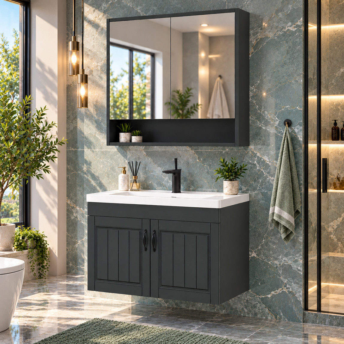    Malin Aynalı 85 cm Takım Banyo Dolabı Antrasit 