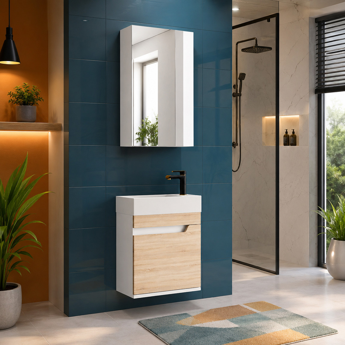    Gold Banyo Luna Aynalı 45 cm Takım Banyo Dolabı Beyaz-Ceviz 