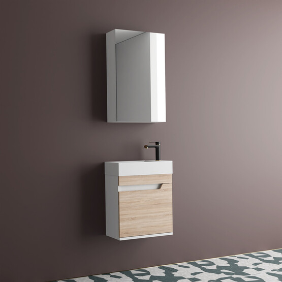 Gold Banyo Luna Aynalı 45 cm Takım Banyo Dolabı Beyaz-Ceviz