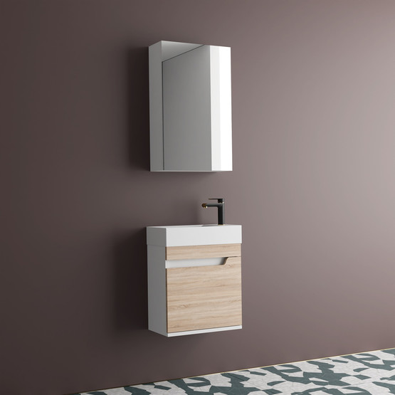 Gold Banyo Luna Aynalı 45 cm Takım Banyo Dolabı Beyaz-Ceviz