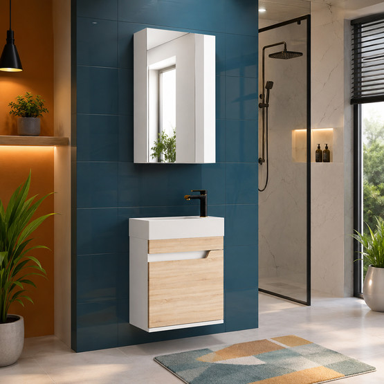 Gold Banyo Luna Aynalı 45 cm Takım Banyo Dolabı Beyaz-Ceviz