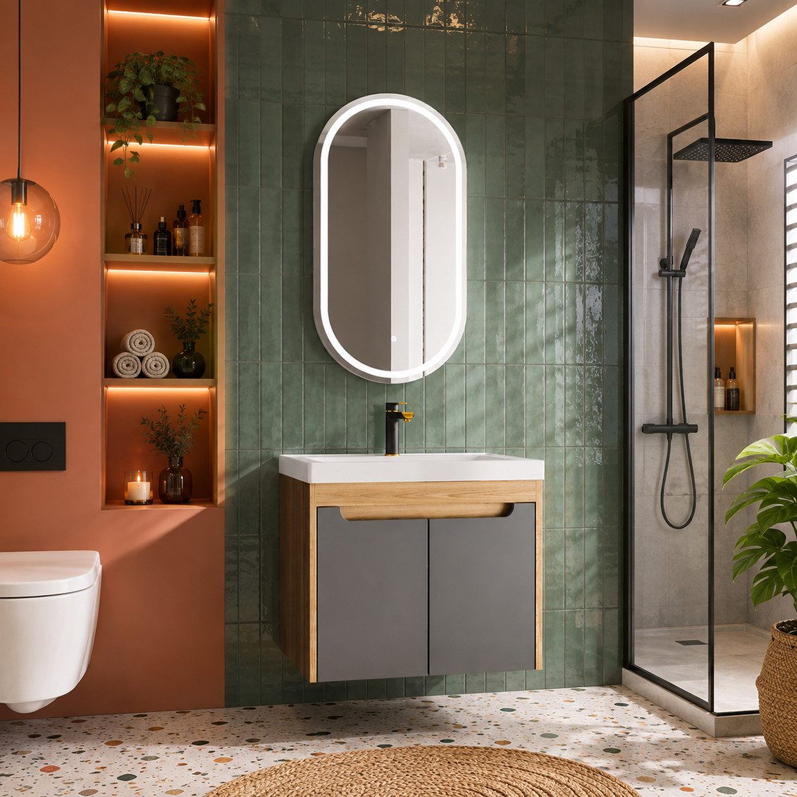    Gold Banyo Aura Aynalı 63 cm Takım Banyo Dolabı Antrasit-Ceviz 