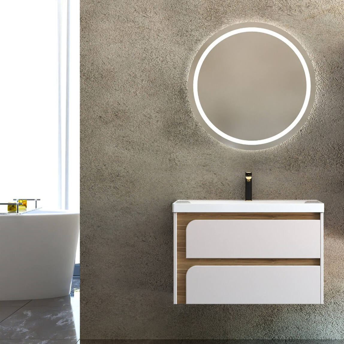    Gold Banyo Valery Aynalı 80 cm Takım Banyo Dolabı Beyaz-Ceviz 
