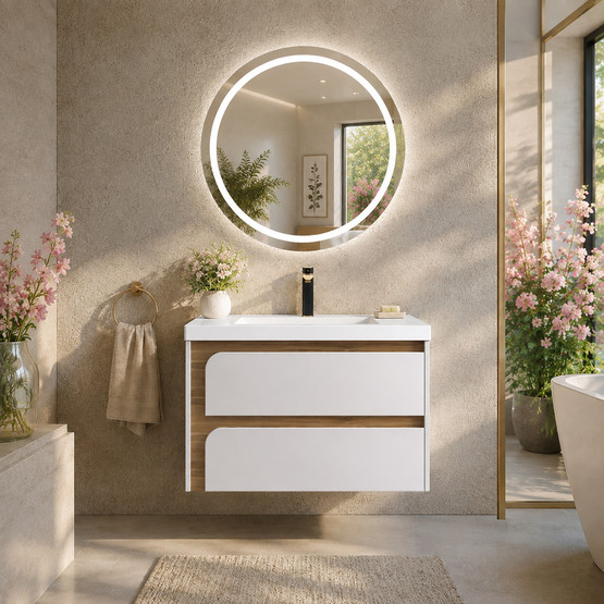 Gold Banyo Valery Aynalı 80 cm Takım Banyo Dolabı Beyaz-Ceviz