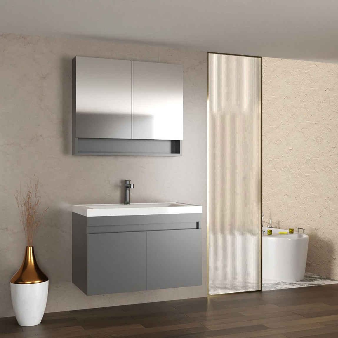   Gold Banyo Eco Aynalı 63 cm Takım Banyo Dolabı Antrasit 