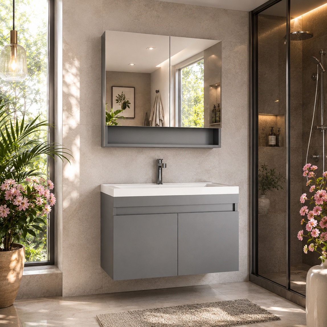   Gold Banyo Eco Aynalı 63 cm Takım Banyo Dolabı Antrasit 