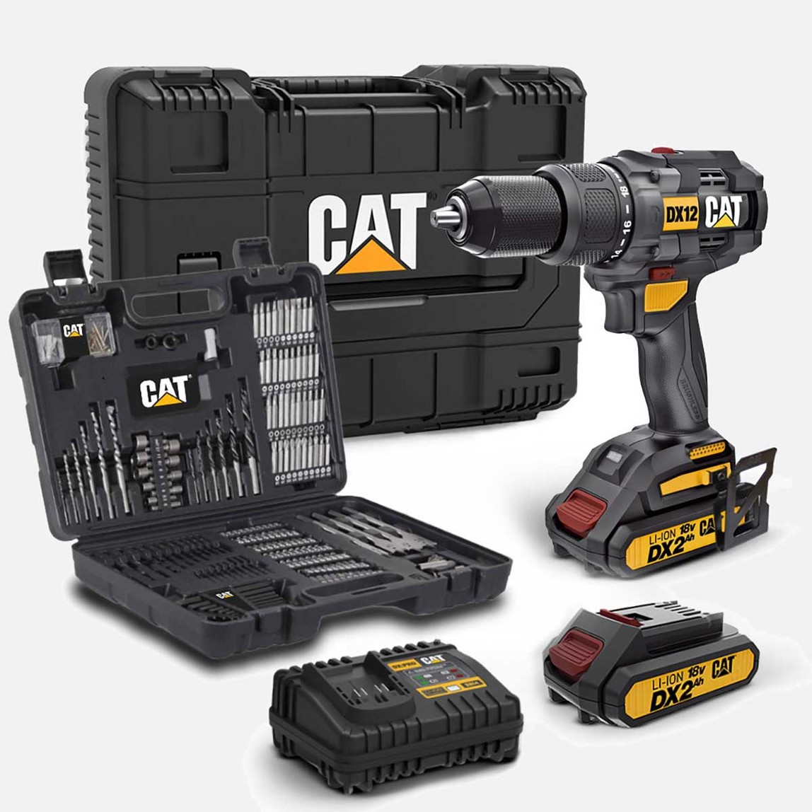   Cat DX12SET 18Volt/2.0Ah Li-ion Çift Akülü Kömürsüz Profesyonel Şarjlı Darbeli Matkap (201 Parça Delme/Vidalama Uç Seti Hediye) 