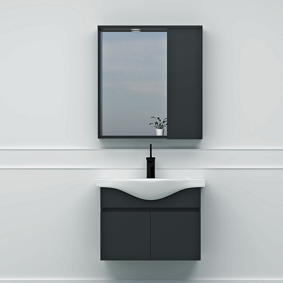    Polka Kuala Aynalı 65 cm Takım Banyo Dolabı Siyah 