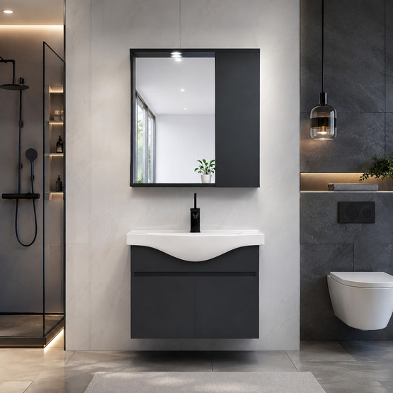 Polka Kuala Aynalı 65 cm Takım Banyo Dolabı Siyah