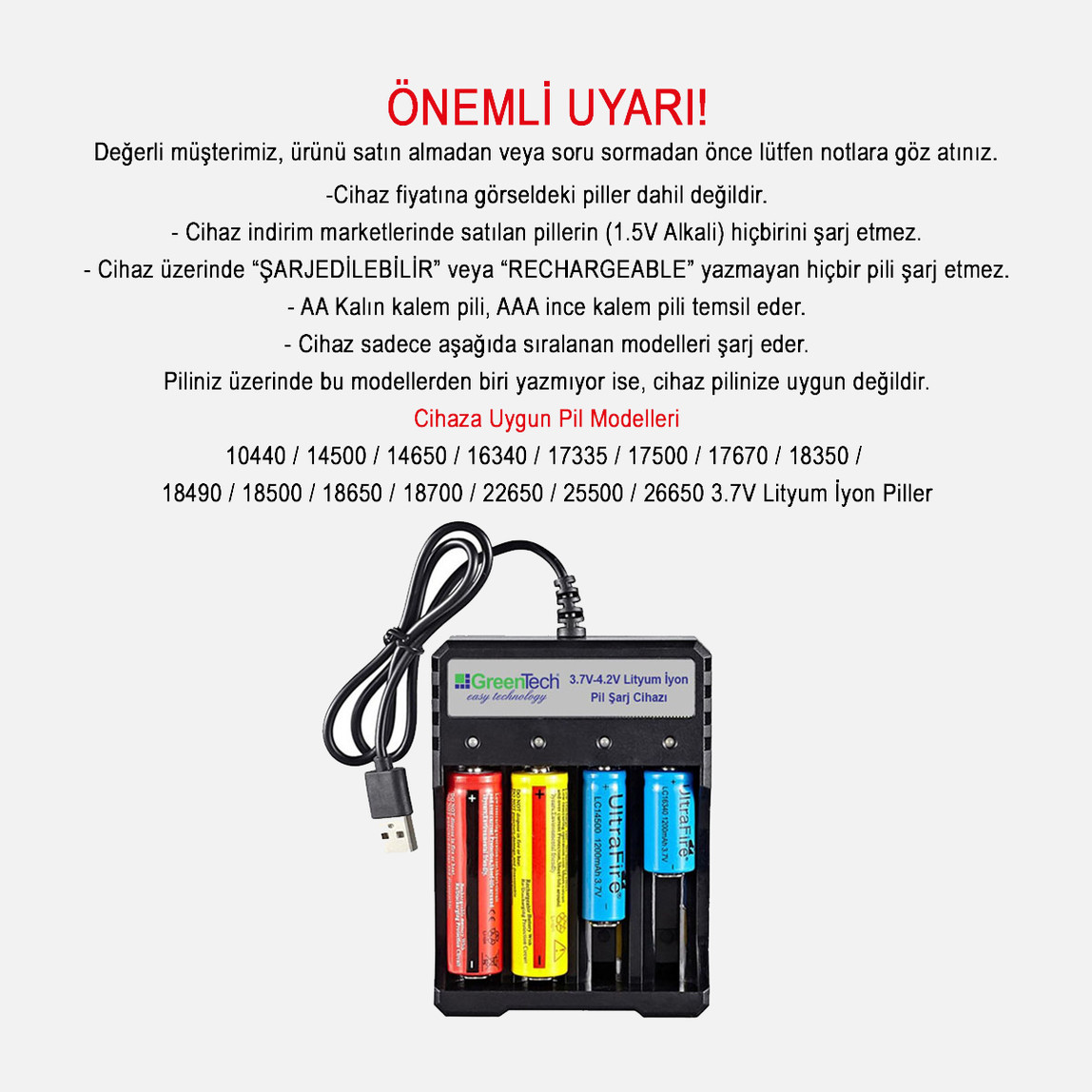    Greentech 3.7 4.2 Lityum İyon Pil Şarj Cihazı Dört Yuvalı 