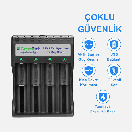 Greentech 3.7 4.2 Lityum İyon Pil Şarj Cihazı Dört Yuvalı