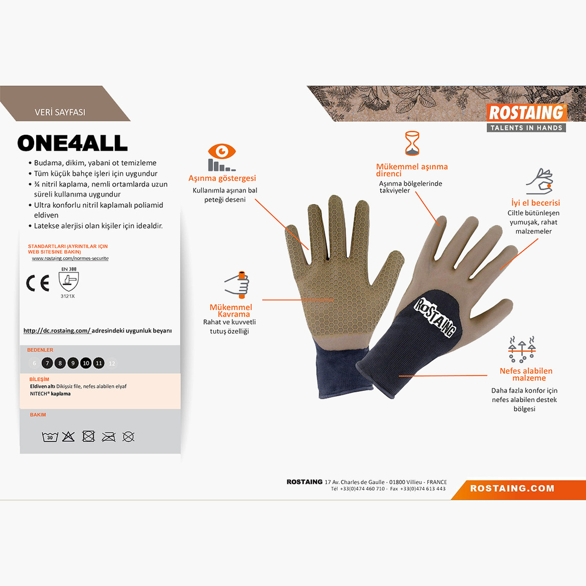    Rostaing ONE4ALL-IT10 Bahçe/Genel Kullanım Eldiven No:10 