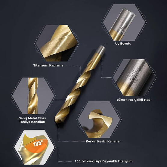 Cat DA02901 16 Parça Profesyonel Titanyum Kaplama HSS Metal Delici Matkap Ucu