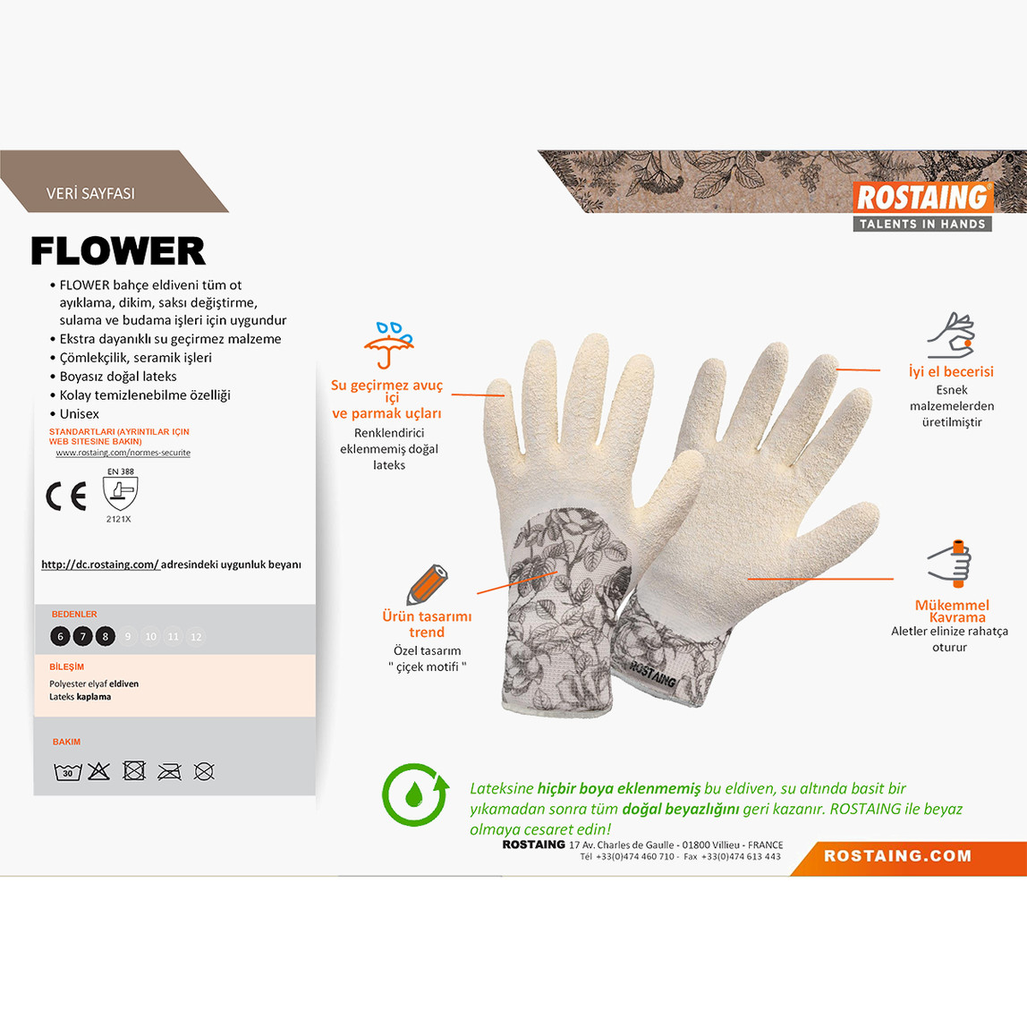    Rostaing FLOWER-IT07 Bahçe Ekim, Dikim Eldiveni No:7 - S 