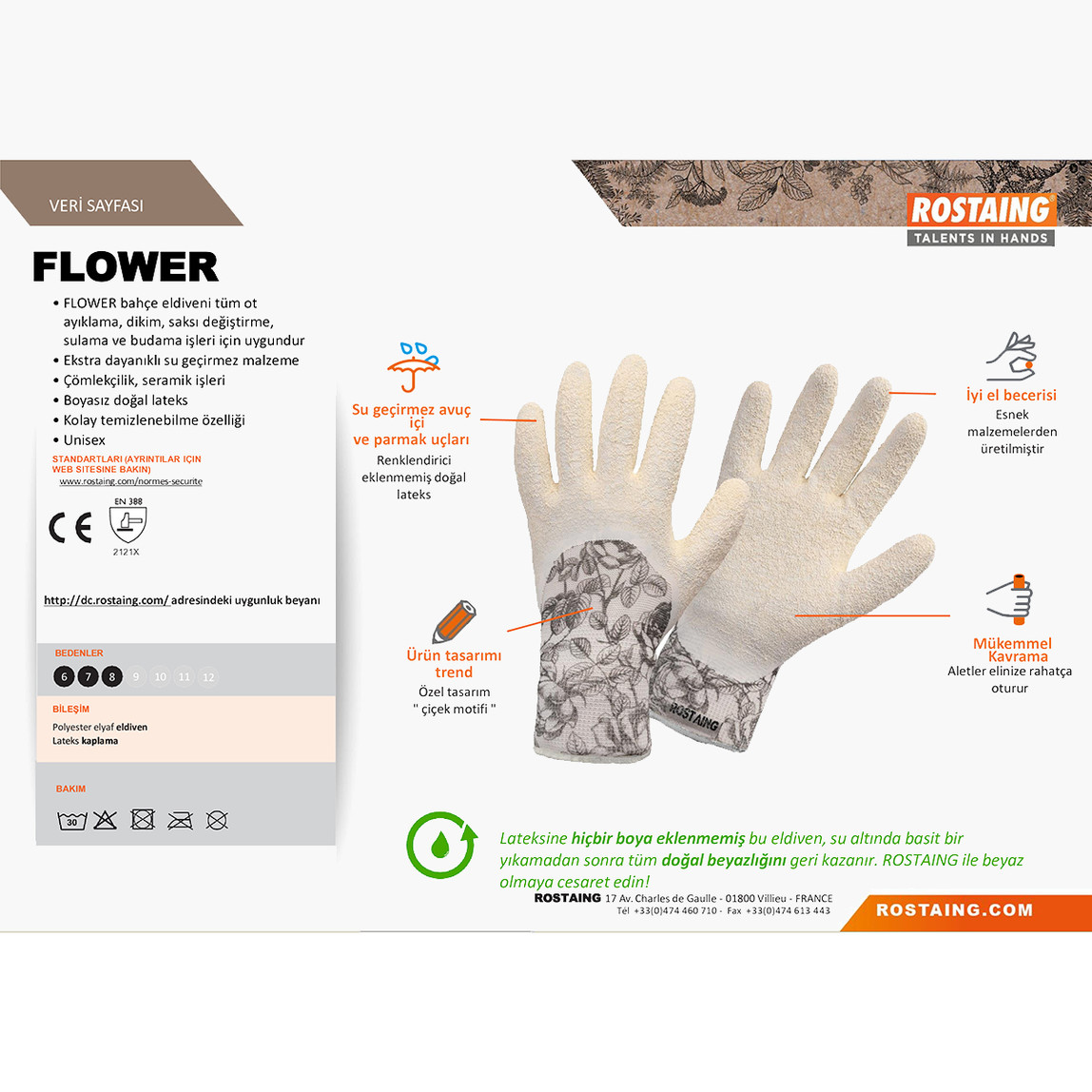    Rostaing FLOWER-IT08 Bahçe Ekim Dikim Eldiveni No:8 - M 