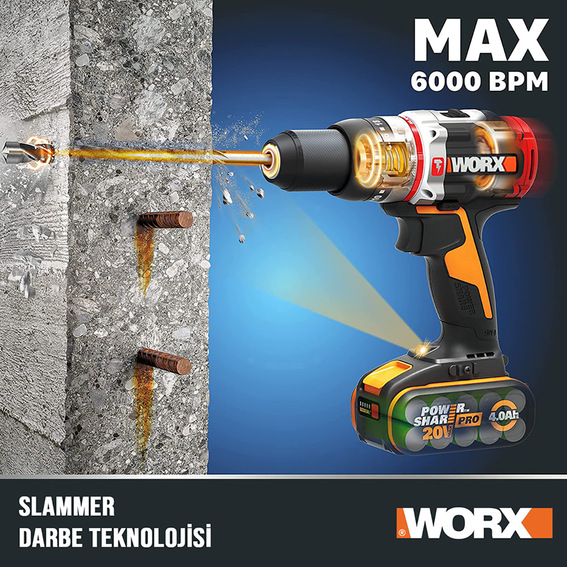    WORX WX354.4 20Volt/4.0Ah Li-ion Çift Akülü Kömürsüz Profesyonel Şarjlı Darbeli Matkap 